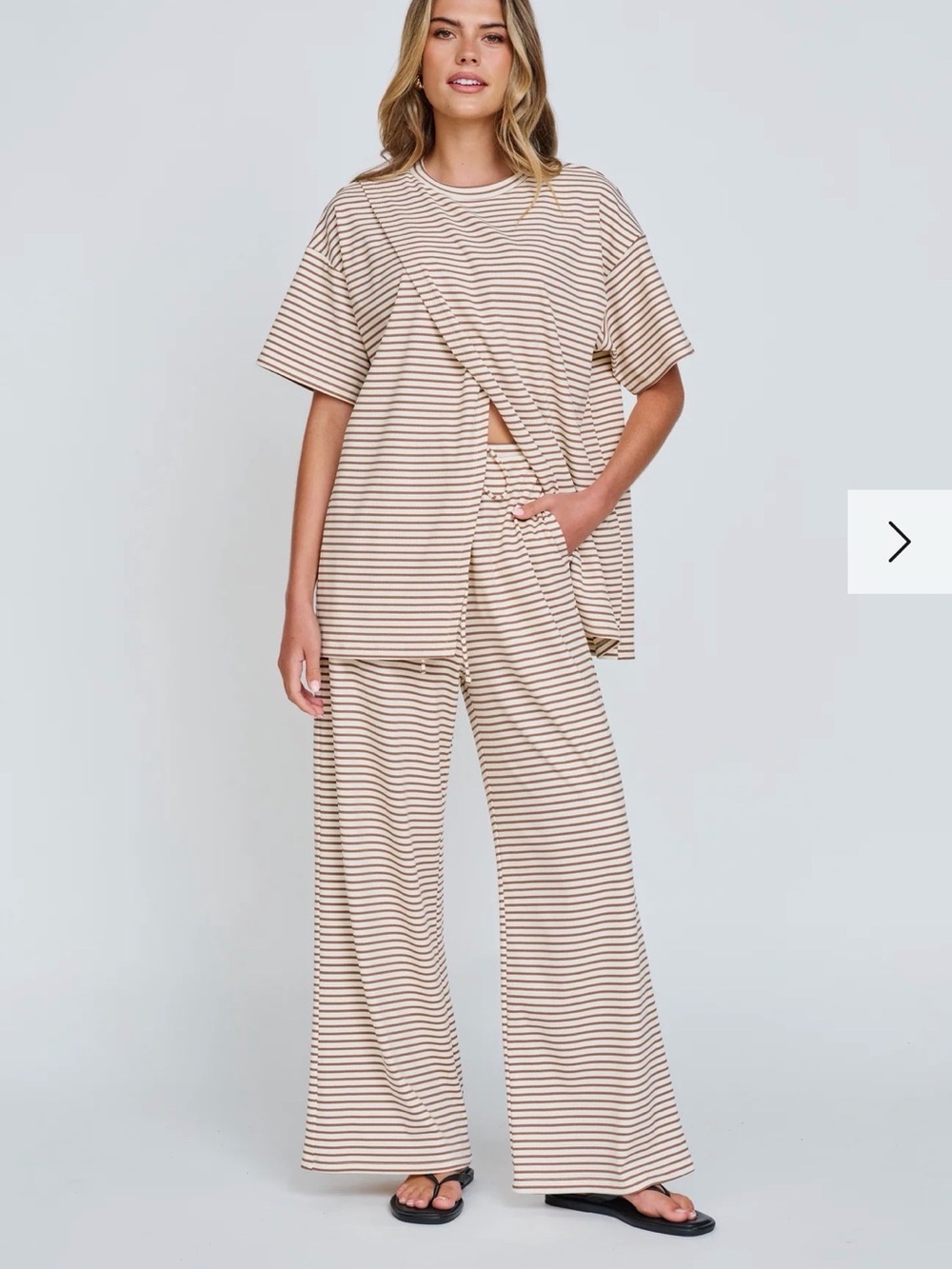 Ivy Stripe Longline Wrap Tee & Pants Set - Cream / Tan - Medium